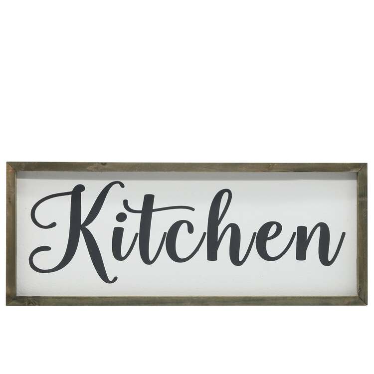 Urban Trends Collection Wood Rectangle Wall Art with Cursive Writing "KITCHEN" on Sage Color Frame and Metal Back Hangers Painted Finish White