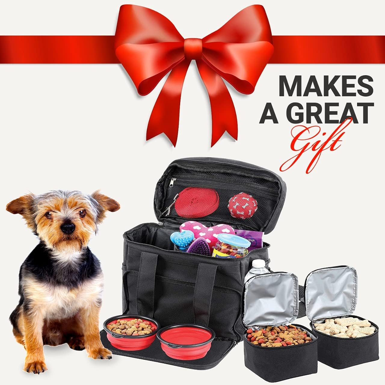 Bundaloo Dog Travel Bag Accessories Supplies Organizer 5-Piece Set with Shoulder Strap | 2 Lined Pet Food Containers, 2 Collapsible Feeding Bowls. Everyday Dogs Essentials