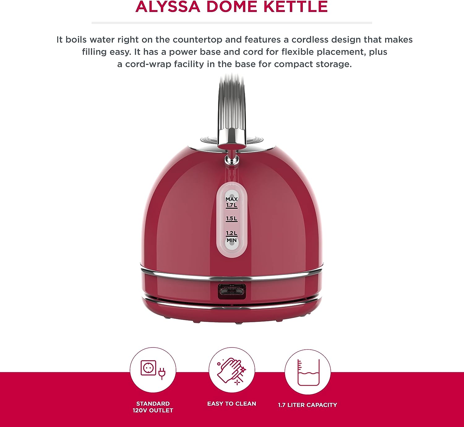 Homeart Alyssa Dome Retro Electric Cordless Kettle - Stainless Steel With Removable Filter, Fast Boiling and Auto Shut-off - 1.7L Capacity, Red