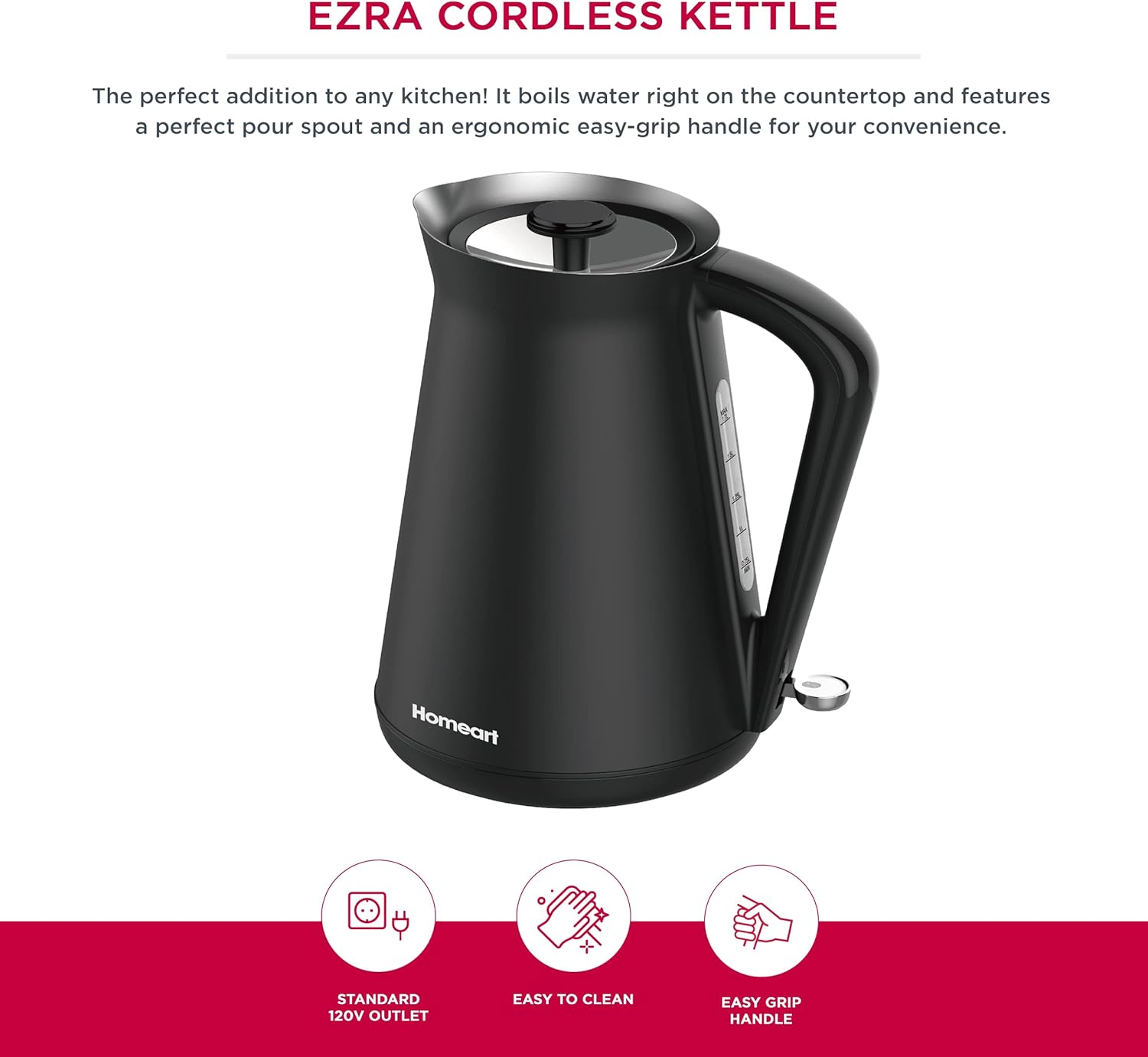 Homeart Ezra Cordless Electric Kettle - Stainless Steel With Removable Filter, Fast Boiling and Auto Shut-off - 1.7L Capacity, Black