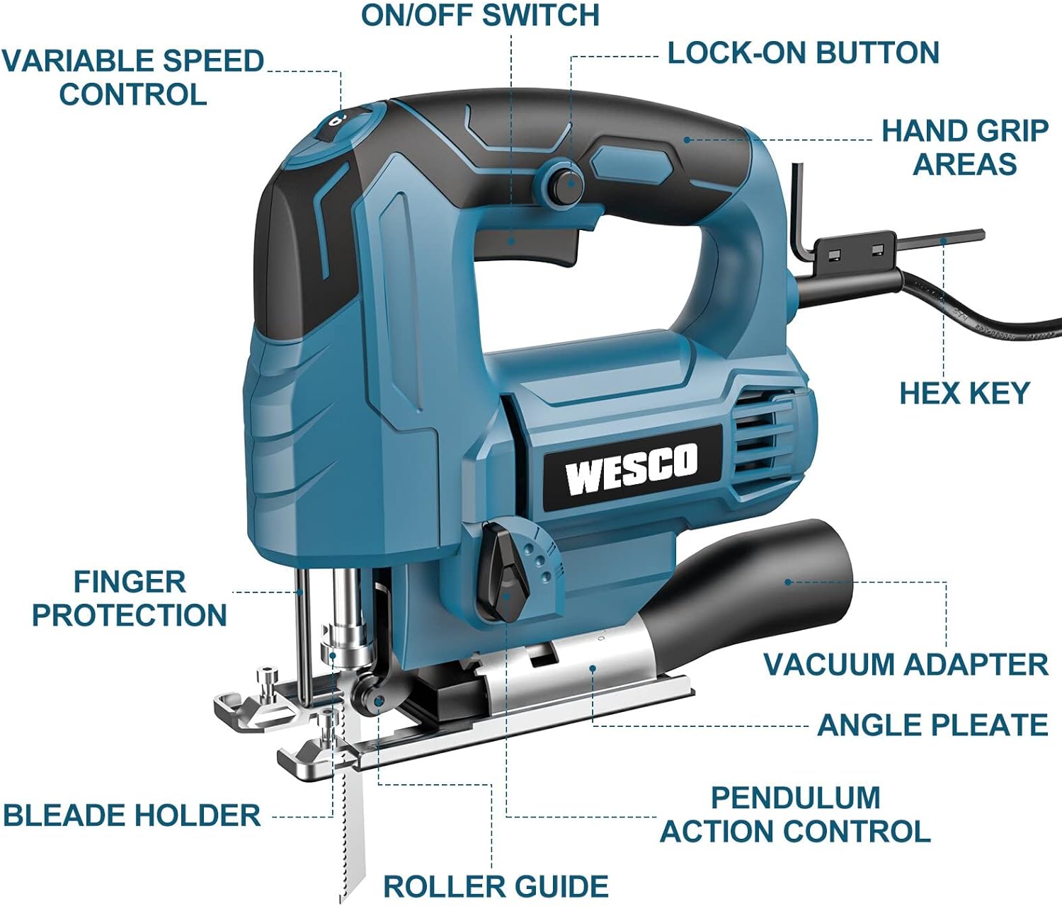WESCO 4.5Amp Electric Jig Saw Tool with 6 Variable Speeds, 4 Orbital Sets, 45 Bevel Cutting, Max Cutting Depth 2-1/2inch, 0-3000SPM, with 10PCS Blades for Metal PVC Ceramic Wood Cutting