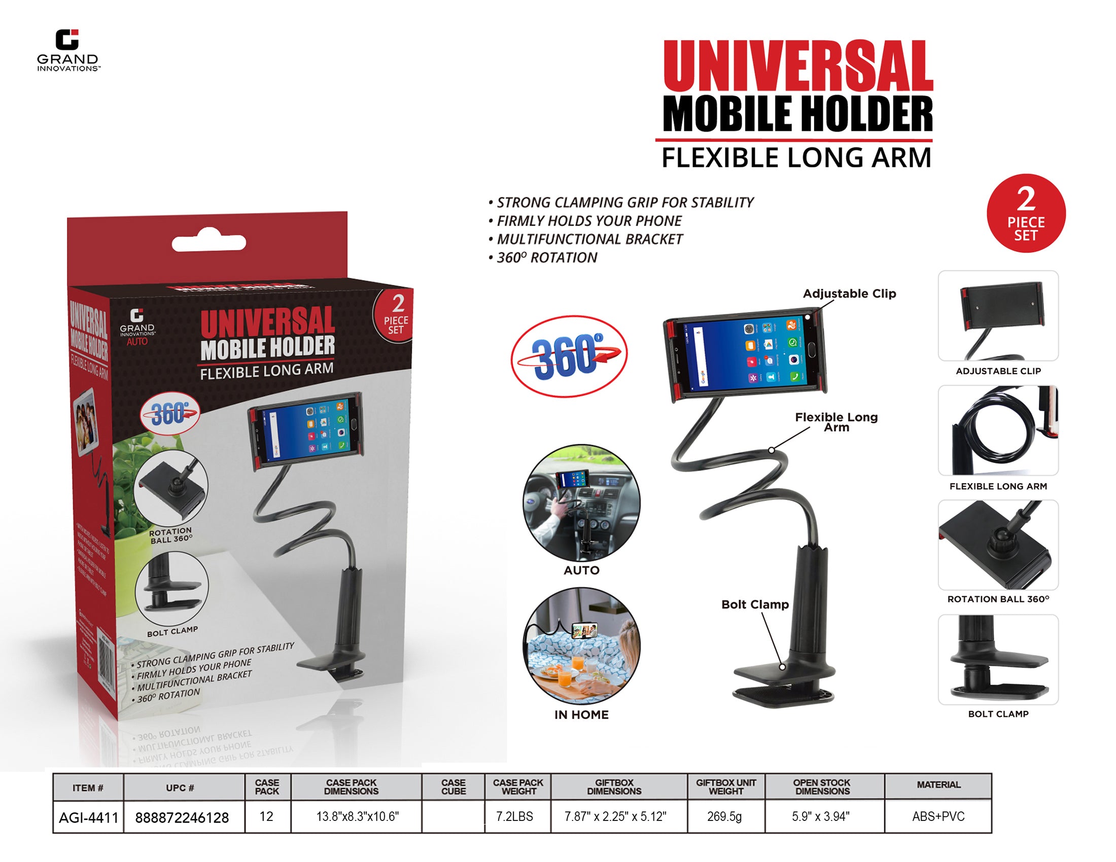 Grand Innovations Auto, 360 Degree Flexible Arm, Smartphone Mount Cell Phone Holder, 12 Pack