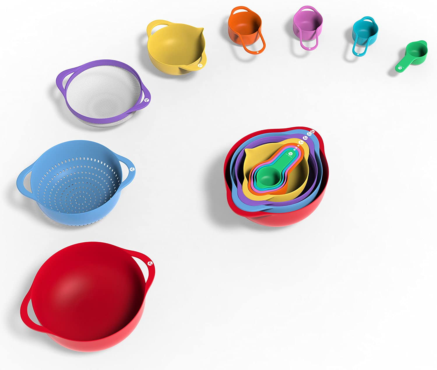 Vremi 13 Piece Mixing Bowl Set - Colorful Kitchen Bowls Colander Mesh Strainer with Handles Measuring Cups and Spoons - BPA Free Plastic Nesting Bowls with Easy Pour Spout for Baking Cooking and More