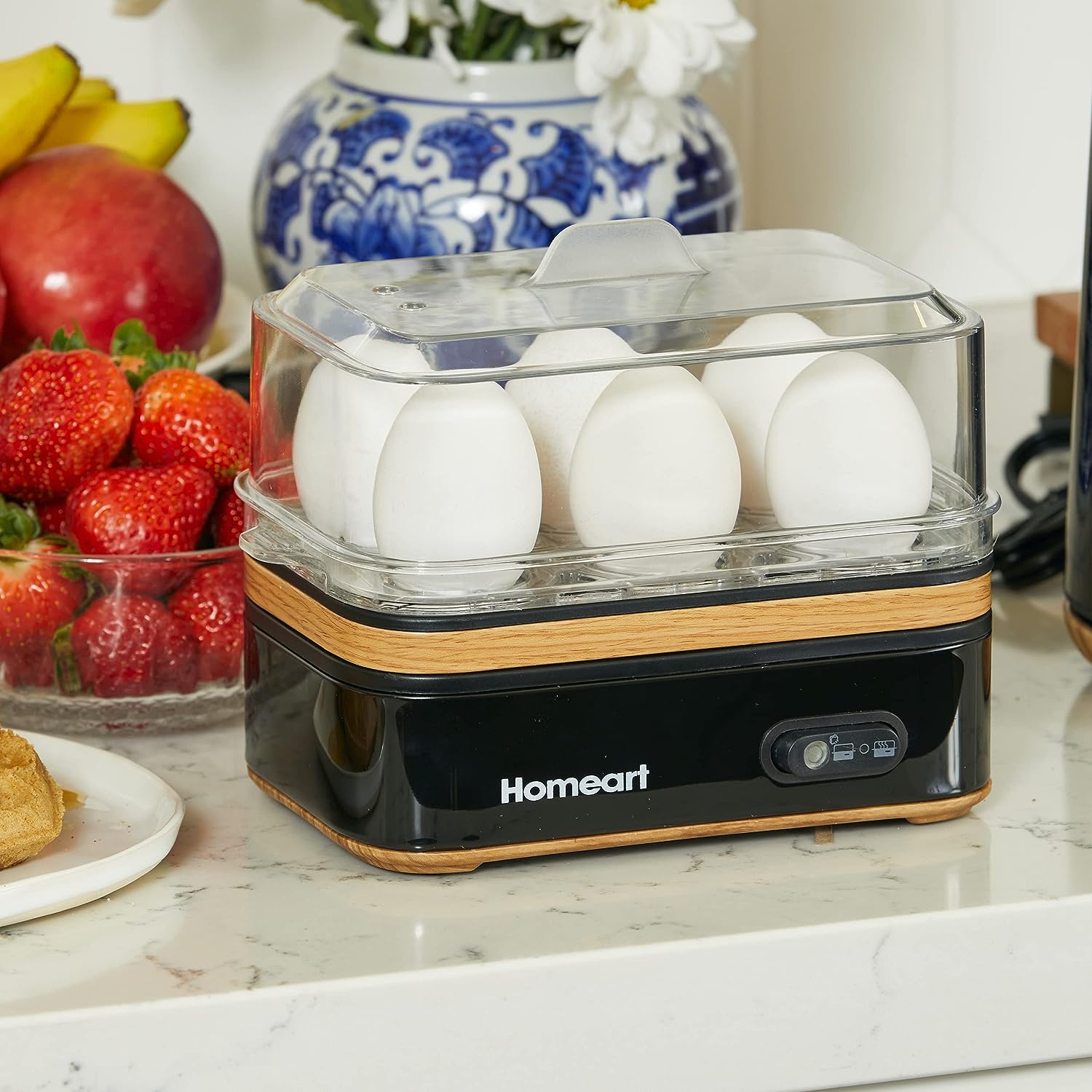 Homeart Panda Egg Boiler with Wooden Detail- Rapid Electric Hard Boiled Egg Cooker with Auto Shut-Off, Alarm and Egg Piercer, 6 Egg Capacity, Black, 400W