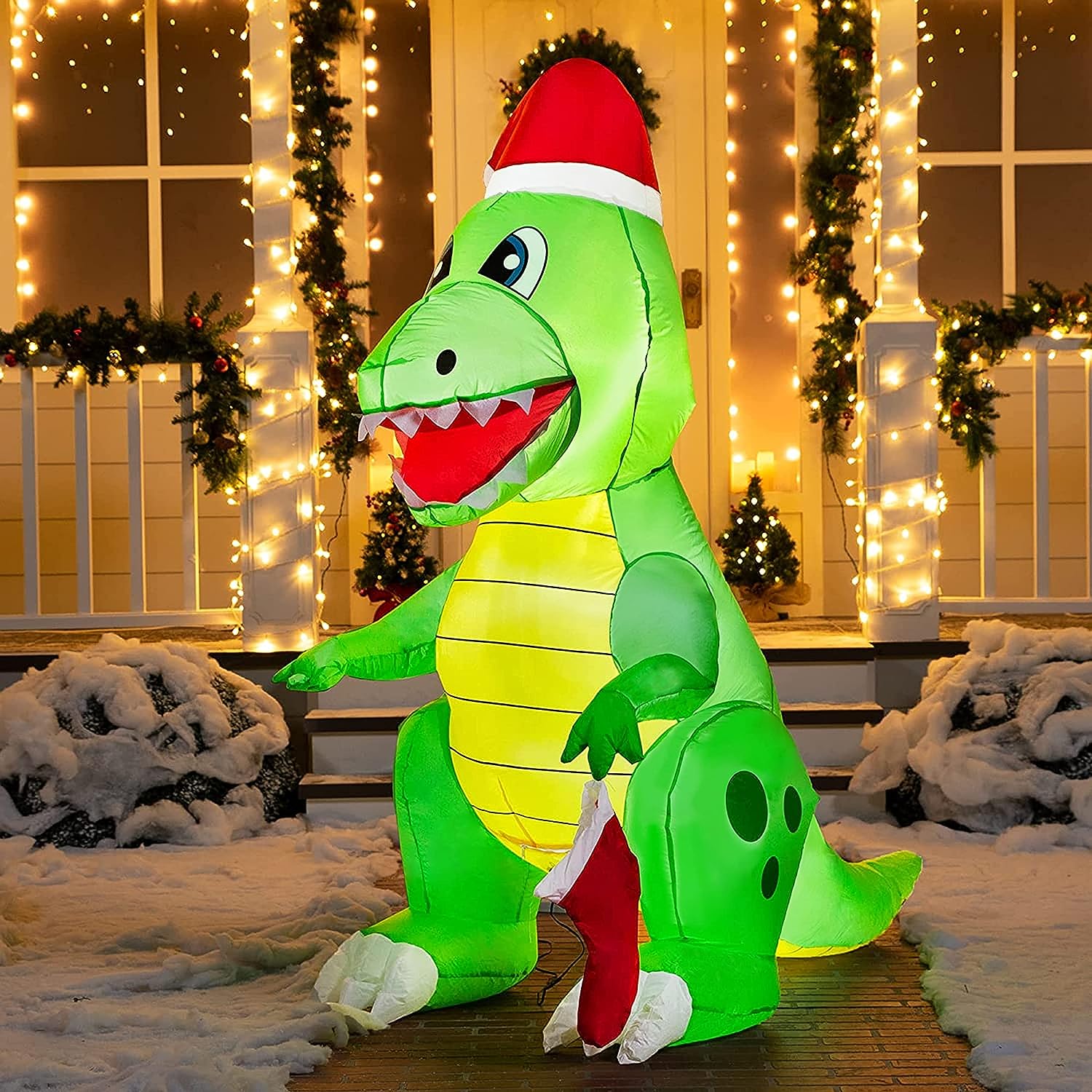 6 FT Christmas Inflatable Dinosaur, Dinosaur Holding a Christmas Stocking with Build-in LEDs, Blow Up Inflatables for Christmas Party, Outdoor, Yard, Garden, Lawn Decorations