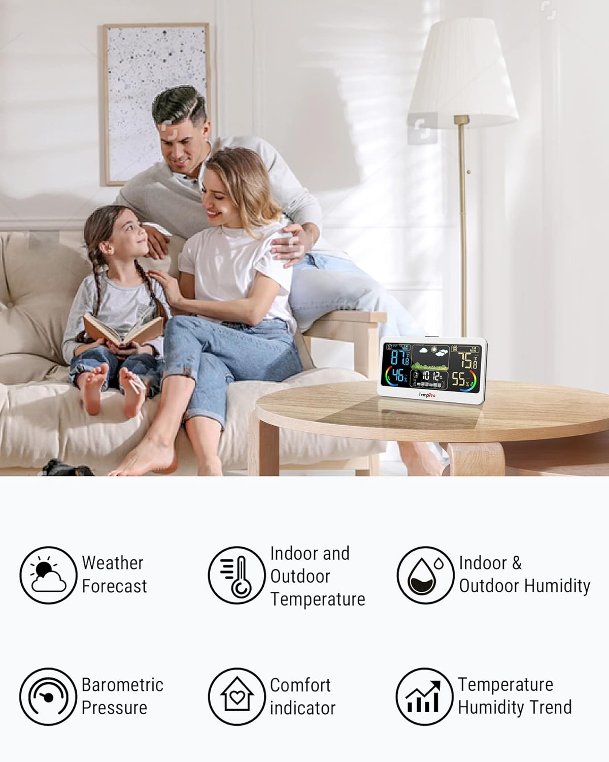 TempPro B68B Weather Station Indoor Outdoor Thermometer 500ft Wireless Home Weather Station with Digital Temperature Humidity Meter for Weather Forcast, White