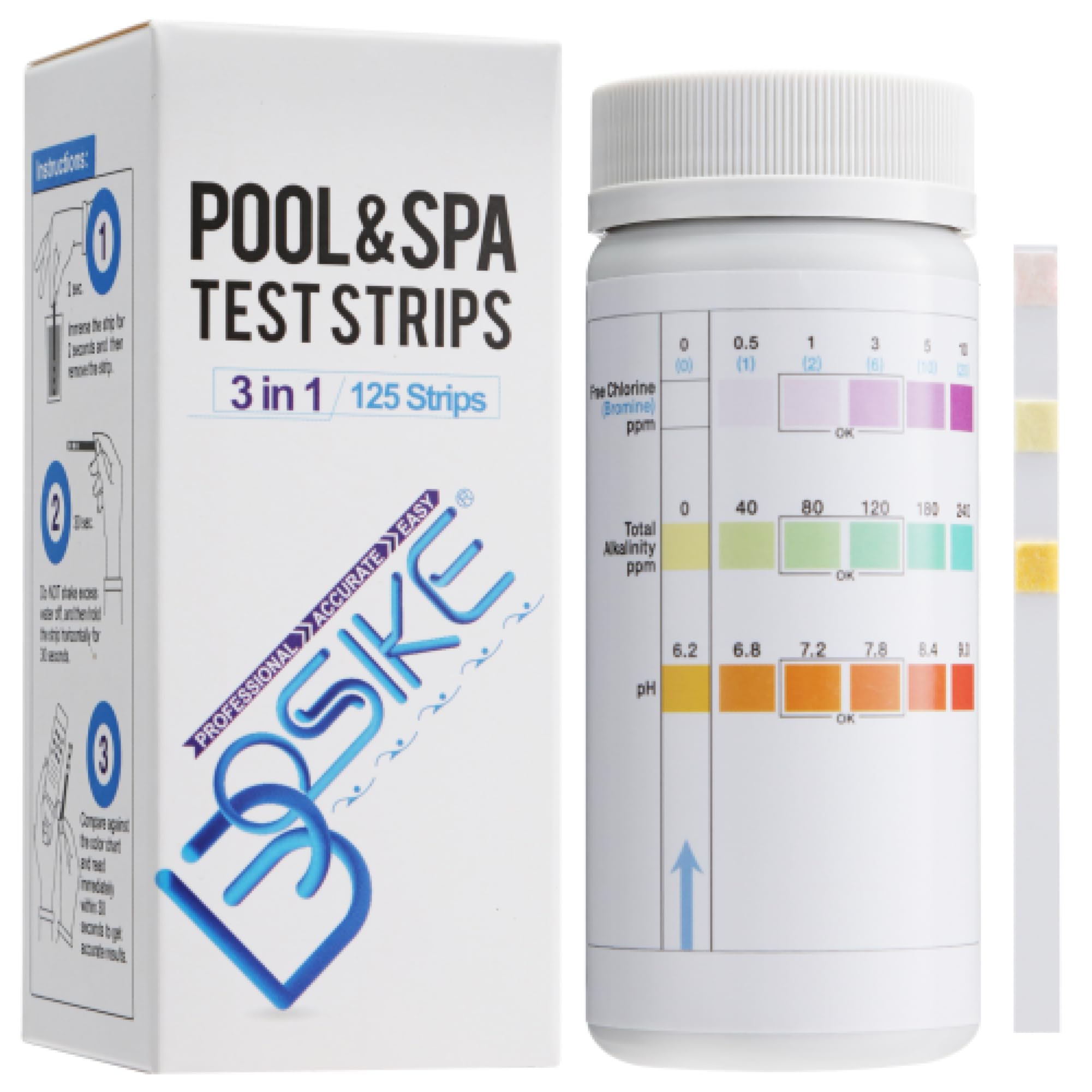 BOSIKE 3 in 1 Hot Tub Test Strips - 125 ct - Water Testing Kit for Swimming Pool & Spa - Tester for Alkalinity, Free Chlorine Bromine & pH Pool Test Strips 3 in 1