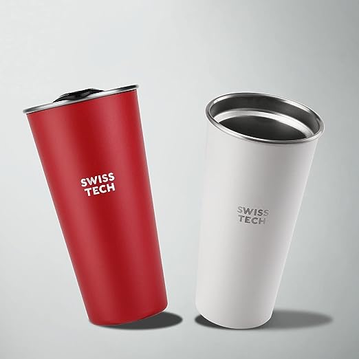 Swiss+Tech 16oz Stainless Steel Cups with lids, 2 Pack Double Wall Pint Cups, Insulated Tumbler with Lid, Unbreakable Durable Cups (Red & White)