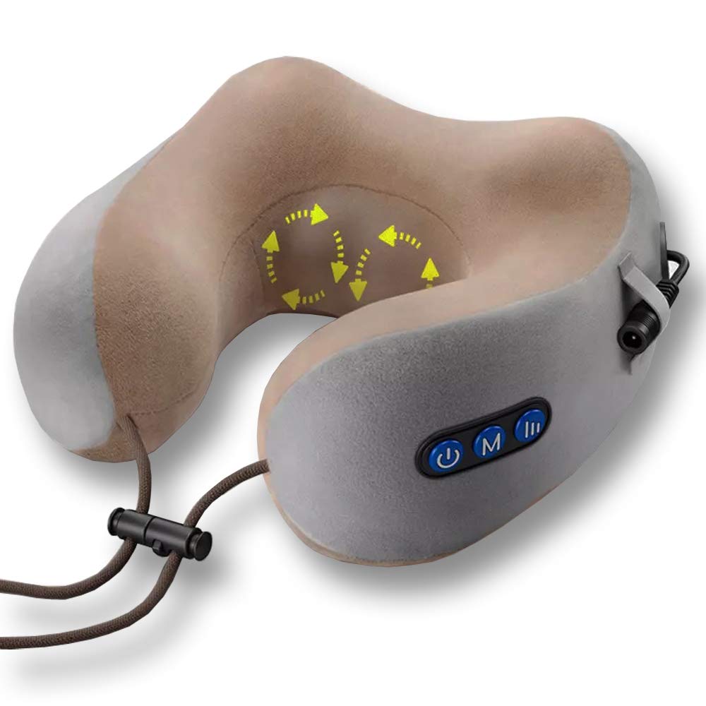 Portable Rechargeable U-Shaped Massage Pillow Car Cervical Massage Pillow, Neck Pillow Home, Travel, Office (Brown)